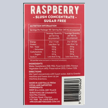 Raspberry slush concentrate label with nutrition information and ingredients on a red background